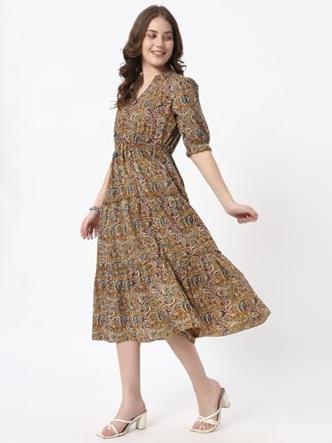 Image of PIDAVLIYA'S Women's Floral Summer Maxi Dress I Cotton Printed I One Piece Bodycon Midi Dress with V-Neck, Puffed Sleeves