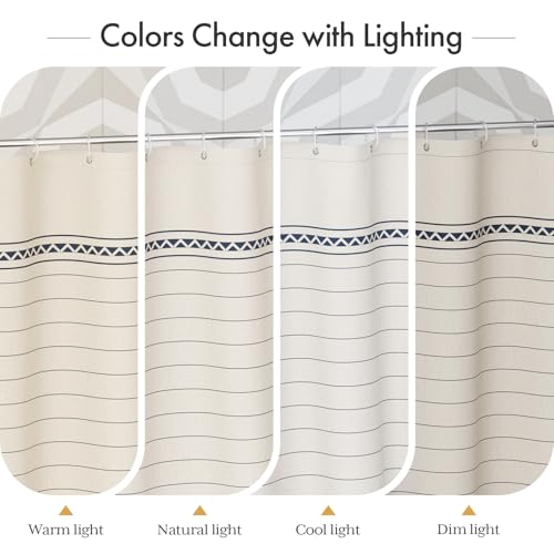 Image of AmazerBath Boho Shower Curtain, Modern Farmhouse Shower Curtain Set with Tassels, Rustic Faux Linen Navy Blue Striped Shower Curtain with Hooks, Light Tan Toned, 72x72 Inches
