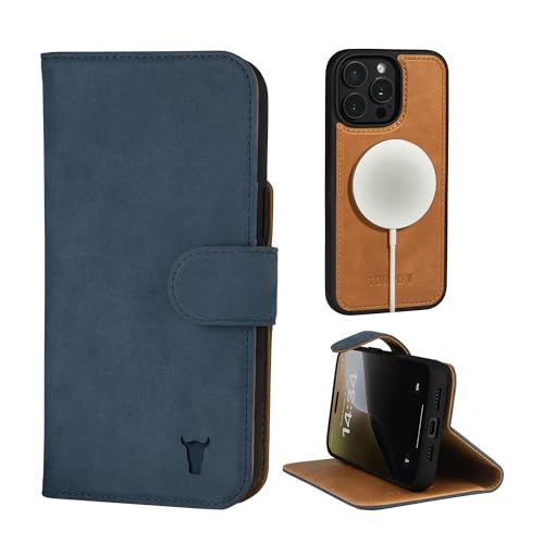 TORRO Nubuck Leather Case Compatible with iPhone 15 Pro – Leather Bumper Case with Magnetically Detachable Wallet Cover with Kickstand (Compatible with Official MagSafe Chargers) - Blue