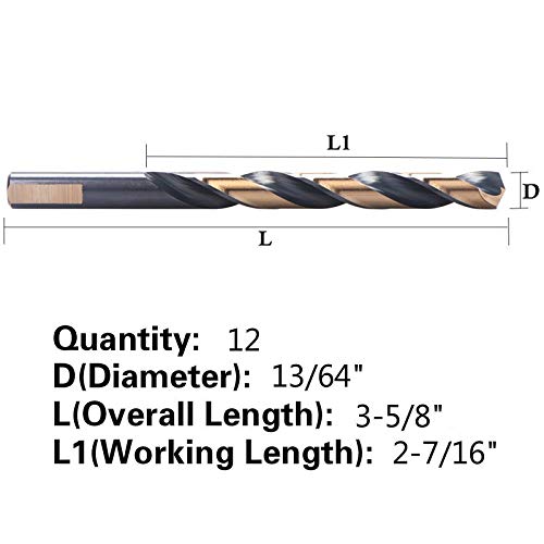 12 Pcs 13/64" Hss Black And Gold Coated Twist Drill Bits, Metal Drill, Ideal For Drilling On Mild Steel, Copper, Aluminum, Zinc Alloy Etc. Pack In Plastic Bag #TOP3