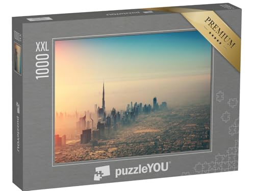 Puzzle 1000 Teile XXL „Luftaufnahme der Stadt Dubai; Panorama bei Sonnenuntergang“ – aus der Puzzle-Kollektion Dubai, Städte Weltweit