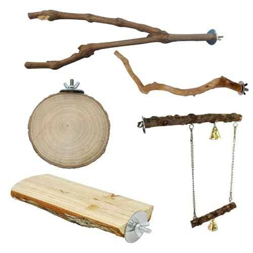 Image of 5PCS Natural Wood Stand 2 Wooden Platform 1 Swing 1 Grape Stick Paw Grinding Fork 1 Azalea Wood Stand Cage Accessortes for Birds