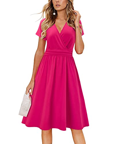 Image of Newshows Womens Summer Short Sleeve Casual Dresses V Neck Floral Vacation Sundress Faux Wrap Midi Dress with Pockets