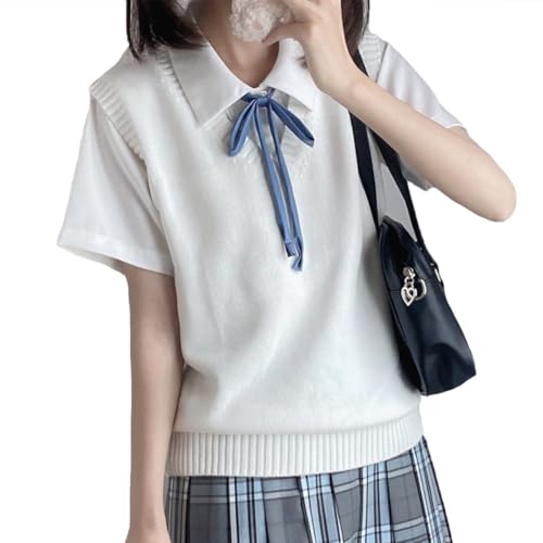 [Foravana] スクールベスト 女子 学生 制服 ニット Vネック ニットベスト チョッキ オールシーズン 綿100% ノースリーブ 通学用 無地 ゆったり キッズ 男女兼用 春夏 秋冬 （L・ホワイト）（Amazon）