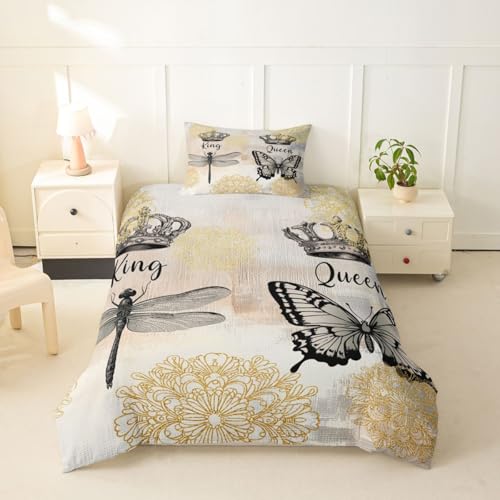 Erosebridal Couple Wedding Duvet Cover Dragonfly King and Butterfly Queen Bedding Set Twin Size,Gold Boho Floral Comforter Cover Couples Gifts Engagement Newlyweds Gifts for His and Hers