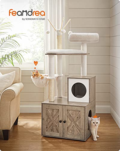 Feandrea 2-in-1 Modern Cat Tower, Cat Condo with Scratching Posts, Removable Pompom Sticks, Washable Cushions, Greige PCT113G01 - Image 2
