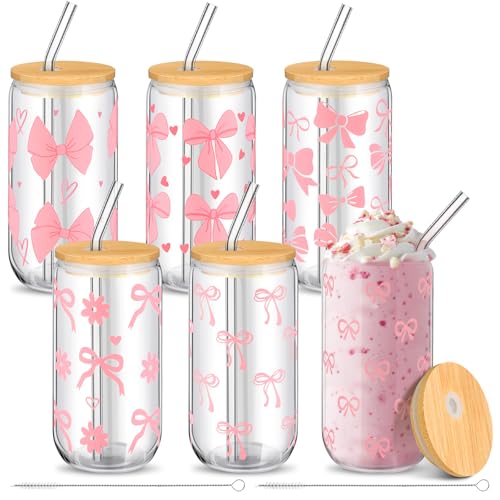 Tioncy 6 Pcs Coquette Bow Aesthetic Glass Cups with Lids and Straws 16 oz Bow Iced Coffee Mug Beer Glass Cup Tumbler Trendy Mug for Women Friend Sister(Pink)