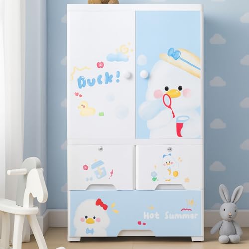 Image of Little Olive Penguin Kids Wardrobe | Multi Drawer Plastic Storage Cabinet for Nursery | Large Cartoon Print Organizer for Clothes Toys and Books (Sky Blue and White 65X38X130 Cm)