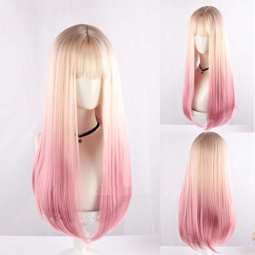 Meat Powder Gradient Peach Pink Long Straight Synthetic Hair Natural Lolita Japanese Cosplay Party Sweet Wigs
