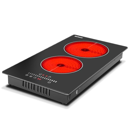 Karinear 12 Inch 2 Burners Electric Cooktop, Countertop & Built-in Ceramic Cooktop, Metal Protected Frame, Sliding Control with Child Safety Lock, Timer, Pause Function, 220-240V Hard Wired, No Plug