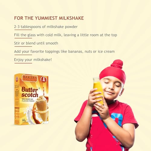 Image of BAKERS Milk Shake Mix Powder - Butterscotch Flavor Pack of 4, Each 100g (400 Gram) | Instant Thick & Creamy Shake Mix | Rich & Delicious Dessert Drink | Ready to Mix with Milk | No Preservatives