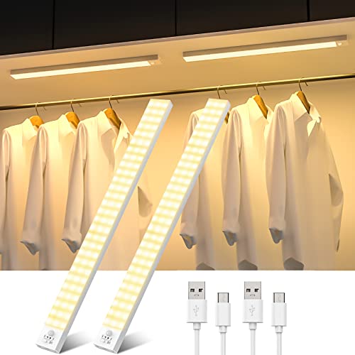 OUILA Luz LED Armario con Sensor de Movimiento, 2500mAh USB Recargable Luz LED Adhesiva 84 LEDs 4 Modos 43CM Luz Nocturna Magnética Luces para Armario, Gabinete, Escaleras, Cocina, 2 Piezas
