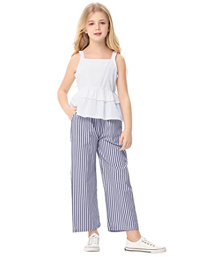 Image of Girl's 2 Piece Striped Outfits Cami Top Wide Leg Pants Ruffle Hem Summer Clothes with 2 Pockets 3-14Y