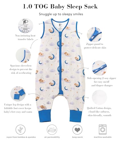 Image of Baby /Toddler Sleep Sack with Legs, Rayon from Bamboo 95% + 5% Spandex, 1.0 TOG, 2‑Way Zipper Sleeping Bag, Walker‑Friendly 6-12M Bear