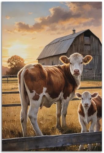 ERTOSKA Rustic Farm Canvas Poster, 16x24 Inches Vintage Country Farmhouse Wall Art Decor, Barn Cows Sunset Scene Print Unframed