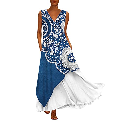Briskorry Robe d'été longue élégante et bohème sans manches - Robe de plage d'été vintage à fleurs - Robe décontractée - Robe longue - Robe de soirée, a-bleu, XXL Cover