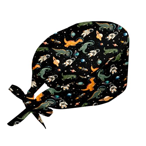 Cute Dinosaur Astronauts Men Women Scrub Caps Surgical Cap with Sweatband Adjustable Tie-Back Lightweight Nursing Hats