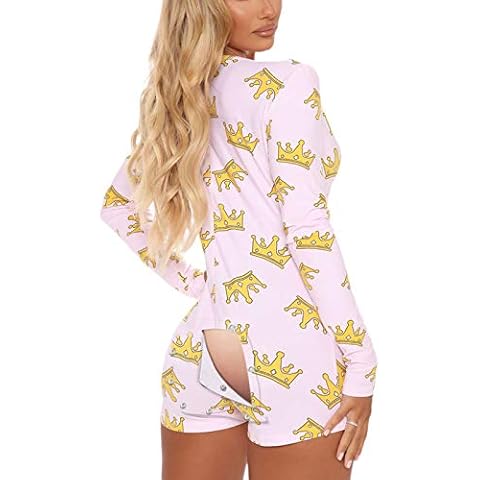 Womens Sexy Onesie Pajama with Butt Flap Long Sleeve V Neck Bodycon One Piece Romper Sleepwear (White Crown, L) Cover