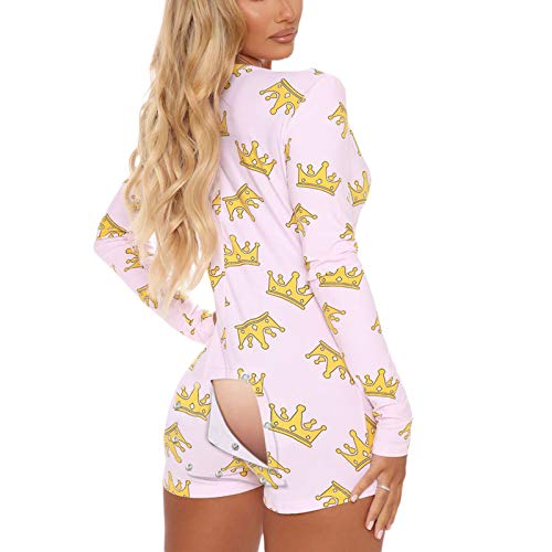 RUEWEY Womens Sexy Onesie Pajama with Butt Flap Long Sleeve V Neck Bodycon One Piece Romper Sleepwear (White Crown, XL)