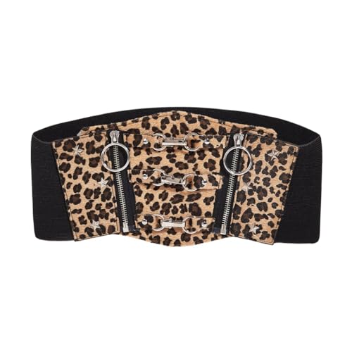 Women's Elastic Leopards Print Wide Belts Vintage Stretchy PU Belt Retro Fashion Cinch Belts for Jeans Dresses