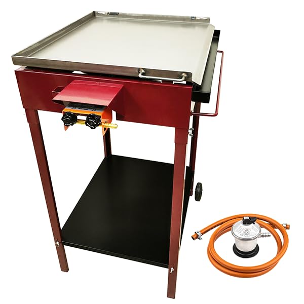 Ferjus. Plancha Gas y Paellero Gas para Cocinar en Exterior. Planllero de Acero con Patas y Ruedas para Fácil Transporte. Plancha Oscilante para uso como Mesa Auxiliar. 60x80x90cm.Fabricado en España