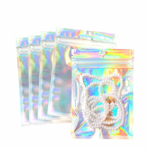100 Pack Holographic Resealable Bags with Clear Window,Small Sealable Jewelry Bags for Small Business, Plastic Gift Bag for Food Candy Treat Storage (3.14x5.11)