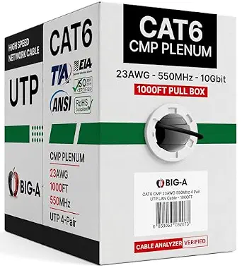 Big-A Cat 6 Plenum Ethernet Cable 1000ft Black, Cat6 CMP Cable 550MHz, Bulk Ethernet Cable UTP, 23AWG Solid Network Cable, 10 Gigabit, Pull Box