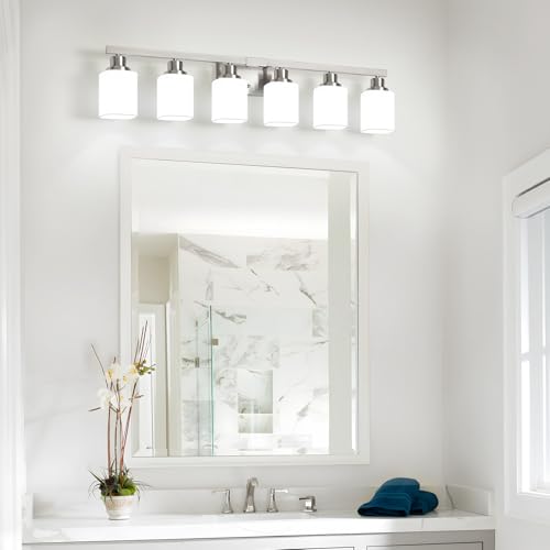 Image of 6-Light Bathroom Vanity Light,Brushed Nickel Vanity Lights with Square Frosted Glass,Modern Bathroom Wall Lights Fixtures Over Mirror,Wall Sconces Lighting for Bedroom Living Room,E26