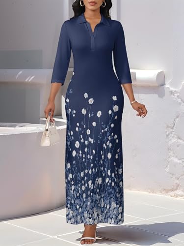 Image of PinkPatty Women's Casual 3 /4 Sleeve Polo V Neck Bodycon Maxi Dress | Semi formal, modest style, long fitted, versatile for church, work, business, office and daily wear