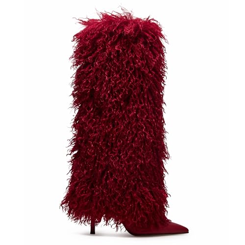 Faux Fur Knee High Boots Women Pointed Toe Slouchy Fold Over Fall Boots Stiletto High Heels Pull on Tall Wide Calf Winter Shoes