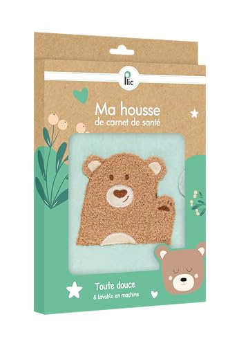 PLIC - Protège Carnet de Santé Bébé - Housse de Protection Douce Modèle Ours - Lavable en Machine - Fermeture Scratch - Design Ludique