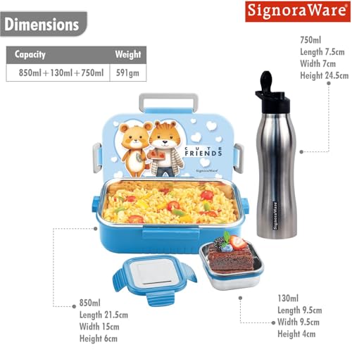Image of SIGNORA WARE Delight C Chipmunk Stainless Steel Printed Lunch Box Set for Kids | Airtight Clip Lock Lid | Compact & Sleek Size | Great for Picnics & Outdoors (850ml + 160ml + 750ml Bottle | Sky Blue)