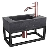 Differnz Bombai Black Waschbecken mit Handtuchhalter - Waschtisch Anthrazit Naturstein - Gebogener Wasserhahn Rot Kupfer - Komplettset - 40 x 22 x 9 cm