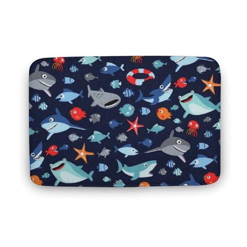 玄関マット室内 サメ 魚柄 ヒトデ 救命浮輪 泥落としマット 滑り止め 40x60cm 大判 カーペット 耐摩耗性 吸水 ドアマット バスマット ふわふわ 柔らか 洗える 抗菌防臭 足拭きマット 廊下 洗面所 掃除 ラグマット オールシーズン適用 水洗い