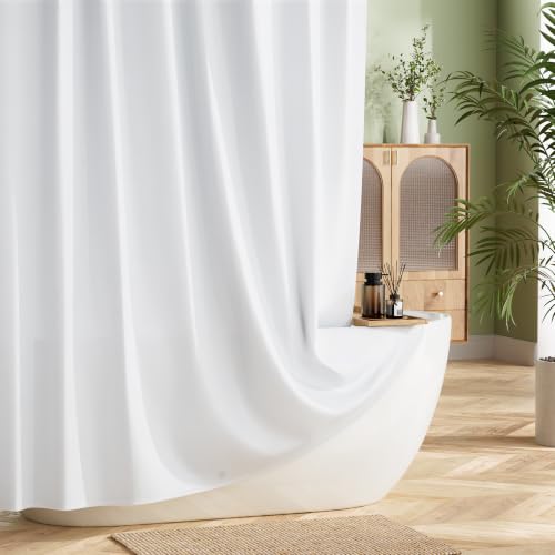 Image of White Shower Curtain Liner 72 x 74 Inches Long, Water Repellent Polyester Bathroom Fabric Shower Curtains for Spa and Hotel Quality, Machine Washable
