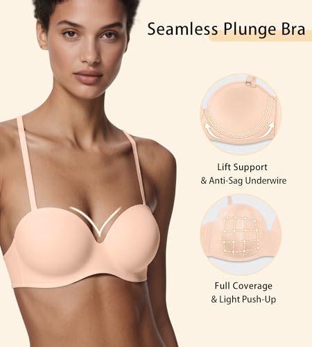 Image of Strapless Bras for Women with Support, Womens Underwire Push Up Plunge Full Coverage Tshirt Bra with Extender