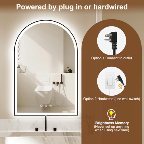 Image of Arched LED Bathroom Mirror 24 inchx36 inch, Black Bathroom Mirror with Lights-Anti-Fog, Dimmable-LED Mirror for Bathroom,3 Colors
