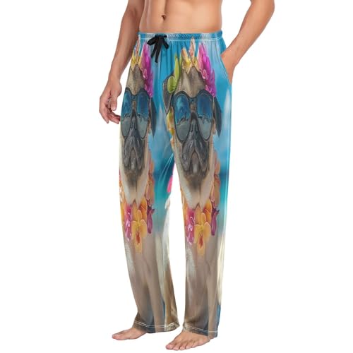 ALAZA Men's Hawaii Puppy Pug Glasses Flower Beach Sleep Pajama Pant4