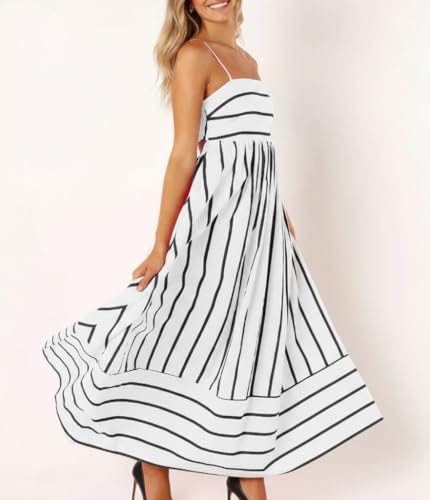Image of chouyatou Women's Striped Back Smocked Maxi Dress Sexy Spaghetti Strap Cut Out Flowy Swing Long Dress