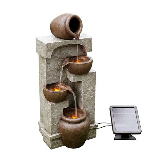 Image of Teamson Home 28 in. Cascading Bowls and Stacked Stones LED Outdoor Water Fountain for Outdoor Living Spaces to Create a Calming Oasis in Gardens and Landscaping, on Patios, Balconies, Lawns, Brown | Outdoor Water Fountain, For Gardens and Landscaping, For Patios, Balconies, Lawns, Creates Calming Oasis