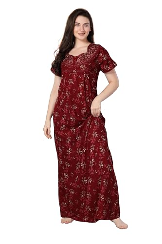 Soulemo Women's Cotton, Rayon & Polyester Printed Maxi Nighty (Alpine) 1629 (L Bust - 44, Maroon 150)