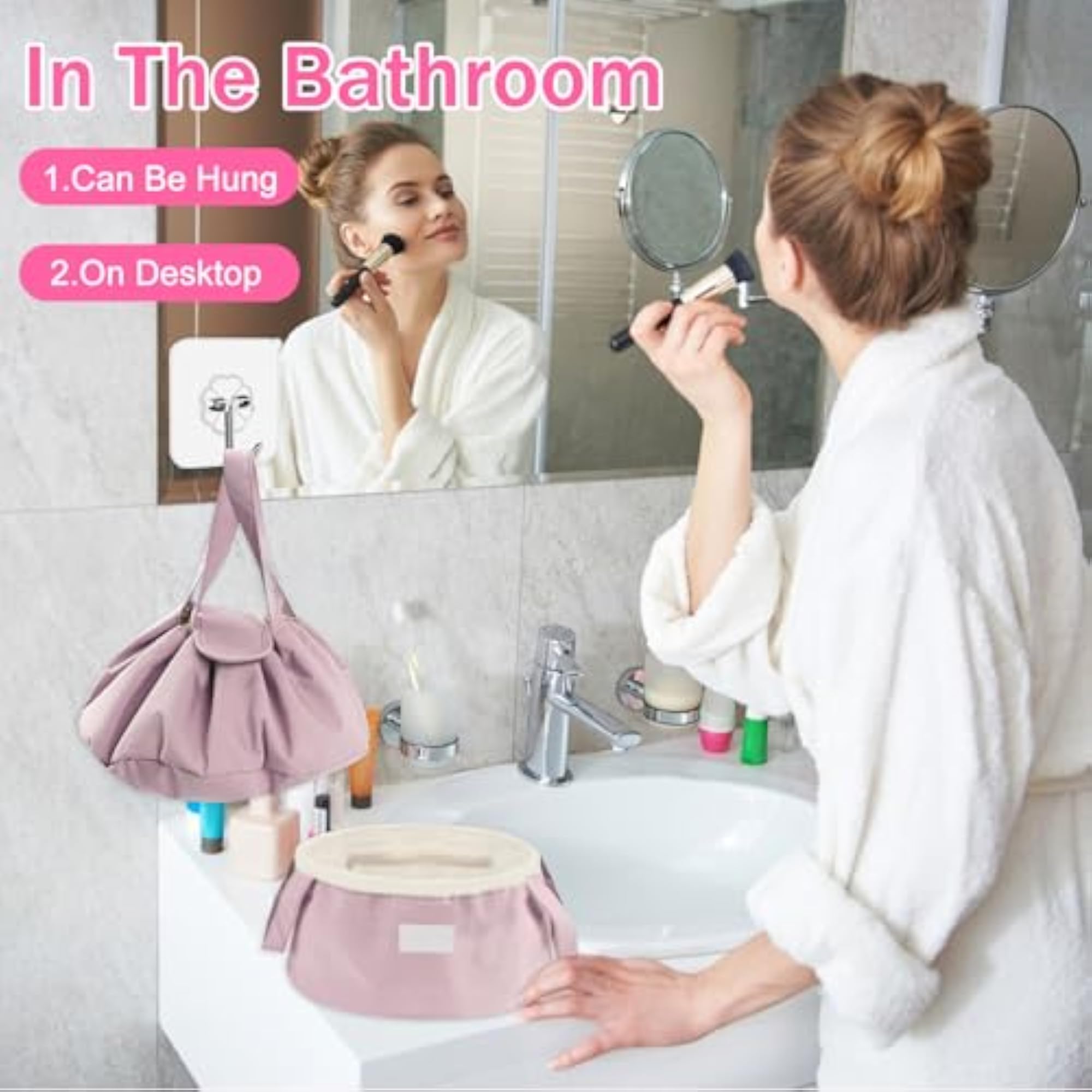 Pink Drawstring Makeup Bag, Travel Toiletry Organizer