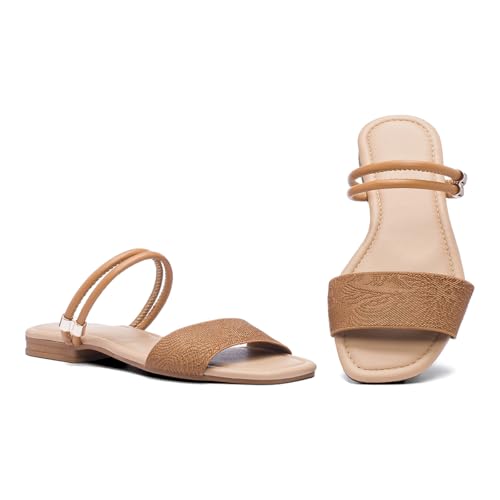 Sandália Feminina Flat com Tiras, Tecido Texturizado, Caramelo (Marrom, BR, Adulto, Numérico, 35)