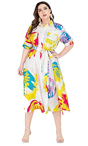 Tyogeephy Damen Beiläufig Knopf runter Bluse Bedrucktes Kleid Kurzarm Angeschnallt Hemden Bluse Top Midi langes Kleid Übergröße Cover