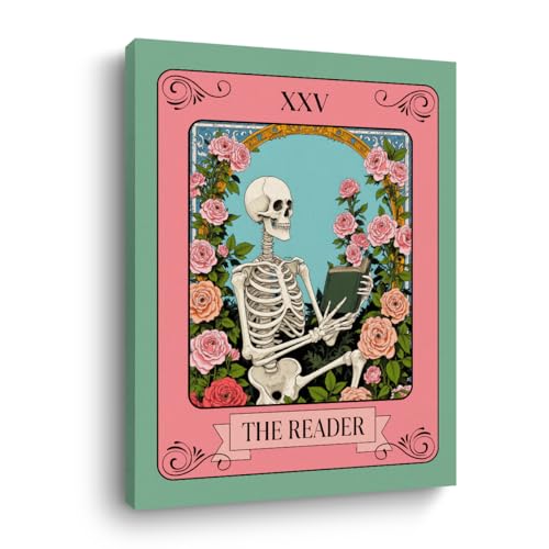 The Reader Tarot Card Wall Art, Funny Skeleton Wallpaper Artwork, Floral Framed Canvas Prints Whimsical Decor, Gothic Theme Prints for Living Room Entryway Bedroom Book Shelf 15x11.4 inch