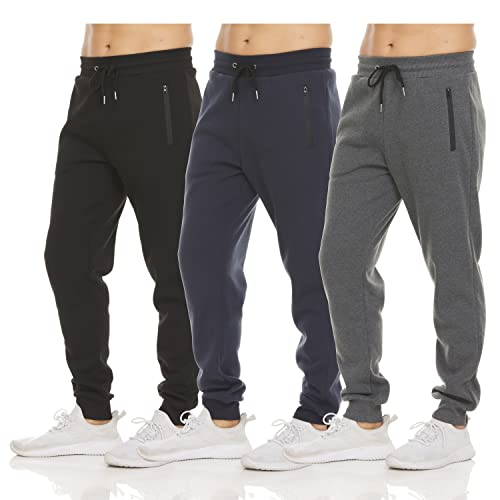PURE CHAMP Mens 3 Pack Fleece Active Athletic Workout Jogger Sweatpants for Men with Zipper Pocket and Drawstring Size S-3XL