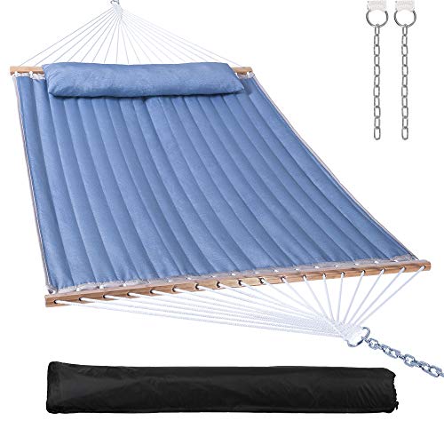 Mansion Home Quilted Hammock with Bamboo Spreader Bar,Detachable Pillow,Large Hammock 2 Person for Patio,Garden,Heavy Duty 450 lbs Capacity, Blue