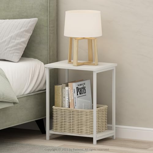 Image of Furinno Simplistic Side Table, 2-Tier Metal Frame Modern End Table with Open Shelf, Night Stand, Bedside Table, for Living Room, Bedroom, White