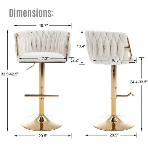Lukealon Velvet Swivel Bar Stools Set Of 4, Modern Height Adjustable Counter Height Bar Chair With Golden Base Weaved Backrest Barstool With Footrest For Home Bar Kitchen, White #TOP2