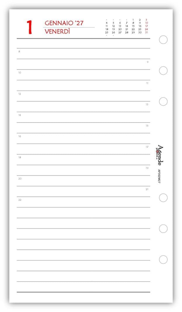 Agenda 2027 Organizer Giornaliera a Righe 9,5x17 cm 6 Fori Carta Bianca 80gr Bianco e Rosso